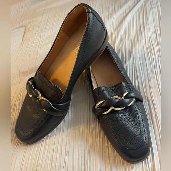 ROCKPORT WOMEN'S SUSANA WOVEN CHAIN LOAFER. Black leather with gold, size‎ 8 - Picture 1 of 8